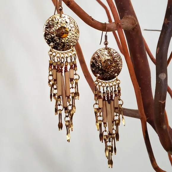 🔥HP🔥Boho chandelier earrings, gold tone, Amber center stone - Picture 1 of 8